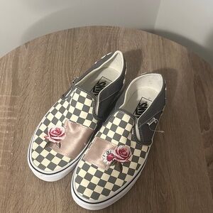 Vans Gray and Cream Checkered Slip-Ons with Rose Detail